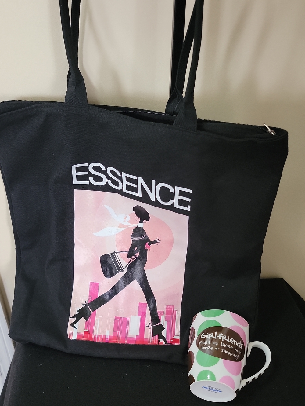 Essence Black Tote Bag with Pink Graphic Bundled With Girlfriend Mug